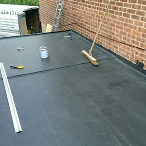 A flat roof with a bucket of paint and a mop.